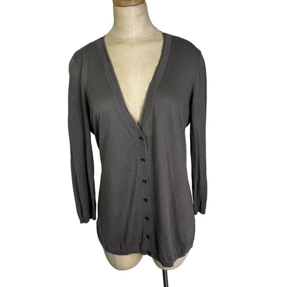 Halogen women's cardigan M gray lightweight soft knit ruffle hem button front - Picture 1 of 8